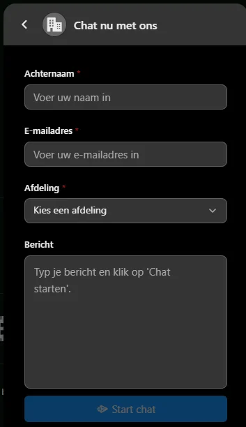 Casino live chat contactformulier met velden voor achternaam, e-mailadres, afdeling en bericht