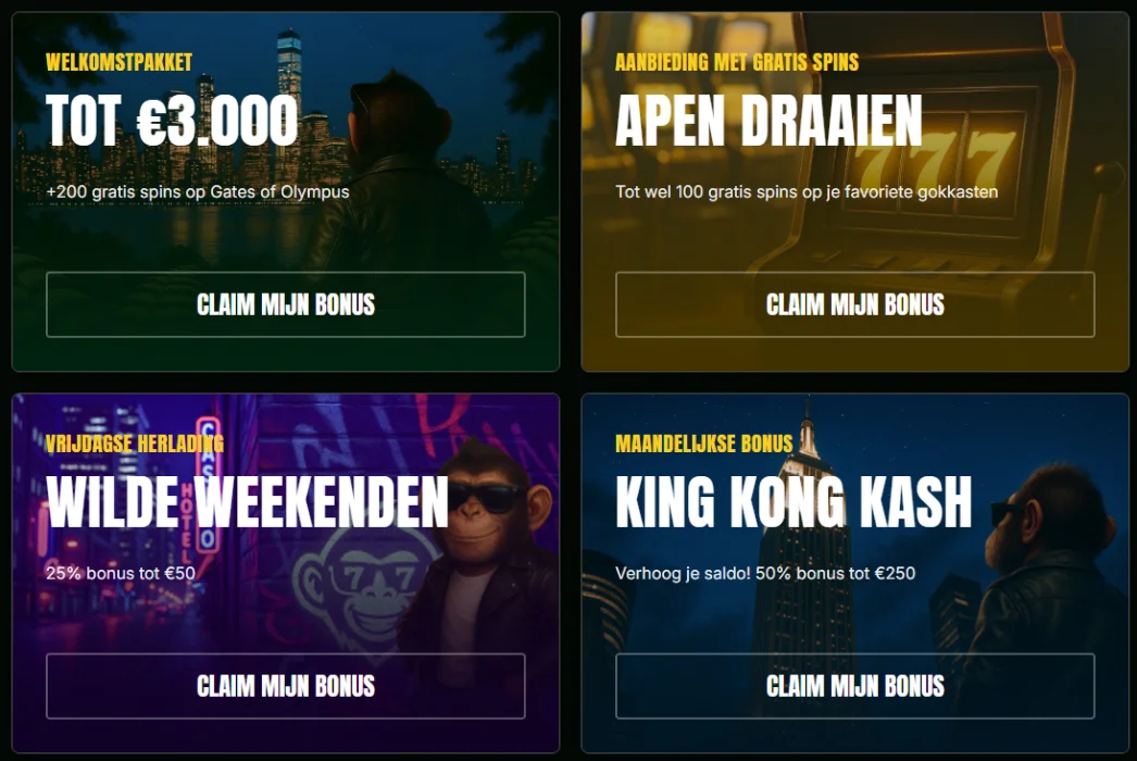 King Kong Casino bonusaanbiedingen met welkomstpakket, gratis spins en herlaadbonus