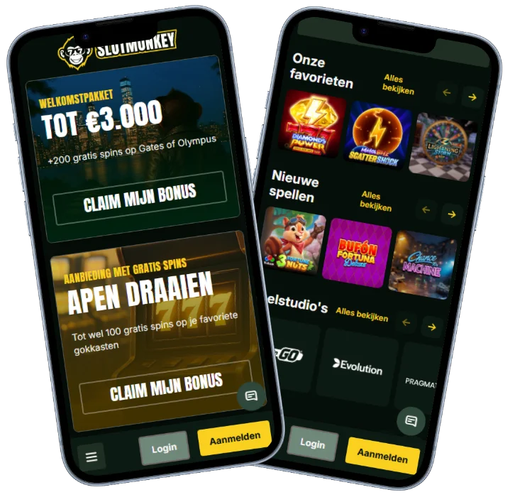 SlotMonkey Casino mobiele interface met welkomstbonus, gratis spins en populaire casinospellen