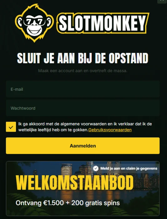 SlotMonkey Casino registratieformulier met welkomstaanbod van €1.500 en 200 gratis spins